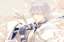 Rule 34 | 10s, 1boy, blue gloves, feathers, gloves, habuki, holding, holding sword, holding weapon, hood, japanese clothes, male focus, parted lips, partially fingerless gloves, pom pom (clothes), solo, sword, touken ranbu, tsurumaru kuninaga, upper body, weapon, white hair, yellow eyes