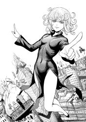 Rule 34 | 2boys, 2girls, breasts, building, commentary, covered navel, curly hair, destruction, dress, english commentary, flying, fubuki (one-punch man), genos, greyscale, highres, long sleeves, looking at viewer, medium hair, monochrome, multiple boys, multiple girls, one-punch man, parted lips, pelvic curtain, pointing, pointing at viewer, saitama (one-punch man), shoes, skyscraper, small breasts, smile, solo focus, tatsumaki, telekinesis, white background, y naf