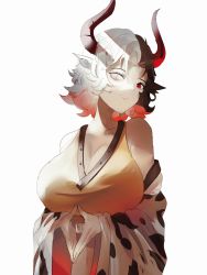 Rule 34 | 1girl, absurdres, animal ears, animal print, breasts, cleavage, cow ears, cow horns, cow print, heterochromia, highres, horns, huge breasts, looking at viewer, multicolored hair, naufaldreamer, red eyes, short hair, simple background, solo, touhou, two-tone hair, upper body, ushizaki urumi, white background, white hair, yellow eyes