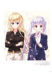 Rule 34 | 2girls, belt, black shirt, blonde hair, blue eyes, blue jacket, brown belt, closed mouth, collarbone, collared shirt, crossed arms, dress shirt, floating hair, formal, hair ornament, highres, jacket, long hair, long sleeves, looking at viewer, multiple girls, neck ribbon, new game!, official art, page number, pants, pink ribbon, purple eyes, ribbon, shirt, silver hair, skirt, skirt suit, smile, standing, straight hair, suit, suzukaze aoba, tokunou shoutarou, twintails, v-shaped eyebrows, very long hair, white pants, white shirt, wing collar, yagami kou