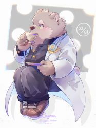 Rule 34 | 1boy, animal ears, animal nose, bad id, bad twitter id, bear boy, bear ears, bear tail, black pants, blush, brown footwear, chromatic aberration, cup, dated, full body, furry, furry male, gakuran, green eyes, grey background, highres, holding, holding cup, holding plate, jambavan (housamo), lab coat, looking to the side, male focus, pants, plate, polka dot, polka dot background, ragun (lagoon bluebear), school uniform, shoes, signature, sitting, snout, solo, stethoscope, tail, thick eyebrows, tokyo houkago summoners, twitter username