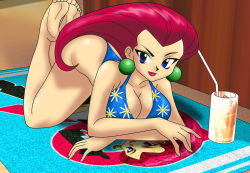 Rule 34 | 1girl, ass, barefoot, beach towel, bikini, blue eyes, blue one-piece swimsuit, breasts, cleavage, creatures (company), cup, drinking glass, earrings, floral print, game freak, ice, ice cube, jessie (pokemon), jewelry, large breasts, lipstick, long hair, looking at viewer, lying, makeup, nintendo, no bangs, one-piece swimsuit, pink hair, pokemon, red lips, shiny skin, smile, straw, swimsuit, thong bikini, towel