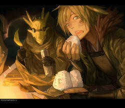 Rule 34 | 2boys, banana, camping, copyright name, creature, eating, fantasy, food, fruit, gloves, green eyes, green hair, holding, holding food, letterboxed, male focus, multiple boys, night, onigiri, open mouth, outdoors, pixiv fantasia, pixiv fantasia 5, raineis han (pixiv fantasia), shishio (shishio5431), sitting, sparks