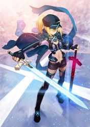 Rule 34 | 1girl, absurdres, artoria pendragon (fate), baseball cap, black gloves, black shorts, black thighhighs, blonde hair, blue eyes, breasts, closed mouth, elbow gloves, excalibur (fate/stay night), excalibur morgan (fate), fate (series), fingerless gloves, full body, gloves, hair between eyes, hat, highres, holding, holding sword, holding weapon, jacket, jacket on shoulders, legs apart, looking at viewer, midriff, mysterious heroine x (fate), mysterious heroine x (third ascension) (fate), nakamura eight, navel, neon trim, open clothes, open fly, open jacket, ponytail, rojiura satsuki: chapter heroine sanctuary, serious, shorts, sidelocks, small breasts, solo, standing, sword, thighhighs, weapon, wind
