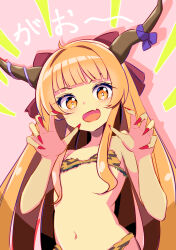 Rule 34 | 1girl, blue ribbon, blush, bow, brown horns, collarbone, fang, fingernails, flat chest, hair bow, harakune (mugennero), highres, horn ornament, horn ribbon, horns, ibuki suika, long fingernails, long hair, looking at viewer, nail polish, navel, open mouth, orange eyes, orange hair, pink background, red bow, red nails, ribbon, sharp fingernails, simple background, skin fang, smile, solo, touhou