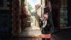 Rule 34 | 1girl, alley, animal ears, black hair, black hat, black jacket, black thighhighs, blue sky, blush, breasts, building, cloud, cloudy sky, collared shirt, cup, day, disposable cup, door, drinking, drinking straw, english text, green eyes, green skirt, hair between eyes, hand in pocket, hat, highres, holding, holding cup, jacket, keyhole, long hair, long sleeves, looking at viewer, md5 mismatch, natori youkai, original, outdoors, peaked cap, pleated skirt, rabbit ears, railing, red neckwear, shirt, sign, skindentation, skirt, sky, small breasts, solo, stairs, standing, stone stairs, thick eyebrows, thighhighs, translation request, very long hair, white shirt