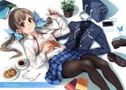 Rule 34 | 1girl, artist name, bag, black pantyhose, blazer, blush, book, brown eyes, brown hair, cellphone, cover, cover page, cup, doughnut, food, glasses, hair ribbon, jacket, long hair, looking at viewer, lying, on back, open book, original, pantyhose, parsley-f, phone, plaid, plaid skirt, plant, plate, potted plant, ribbon, school uniform, shirt, shoes, unworn shoes, skirt, smile, solo, teacup, twintails, white shirt