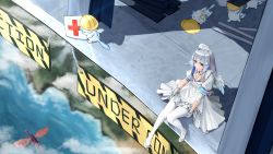 Rule 34 | 1girl, above clouds, absurdres, amane kanata, amane kanata (nurse), axolotl (minecraft), bandaged arm, bandages, blue hair, caution tape, cloud, colored inner hair, cross, dragon, dress, foot dangle, from above, gloves, grey hair, hair ornament, hard hat, helmet, highres, hololive, looking at viewer, medium hair, multicolored hair, official alternate costume, pantyhose, pink hair, puffy short sleeves, puffy sleeves, purple eyes, red cross, shhhh7, shoes, short dress, short sleeves, single hair intake, sitting, smile, streaked hair, virtual youtuber, white dress, white footwear, white gloves, white pantyhose, wing collar, x hair ornament