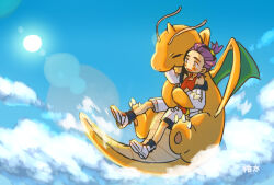 Rule 34 | 1boy, :d, above clouds, affectionate, black hair, blush, claws, cloud, commentary request, creatures (company), day, dragonite, game freak, gen 1 pokemon, highres, hug, hug from behind, jacket, kanchan kani, kieran (pokemon), male focus, multicolored hair, nintendo, off shoulder, open mouth, outdoors, pokemon, pokemon (creature), pokemon sv, purple hair, red shirt, shirt, shoes, shorts, sky, sleeveless, sleeveless shirt, smile, socks, sun, tank top, two-tone hair, white footwear, white jacket, white shorts