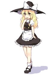 Rule 34 | 1girl, :d, apron, black footwear, blonde hair, blush, bow, braid, full body, hand to own mouth, hat, hat bow, kirisame marisa, long hair, looking at viewer, mary janes, miniskirt, open mouth, puffy short sleeves, puffy sleeves, shoes, short sleeves, single braid, skirt, smile, socks, solo, standing, touhou, very long hair, vest, waist apron, witch hat, yellow eyes, yururi nano