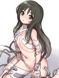 Rule 34 | 10s, 1girl, arm cuffs, armor, bad id, bad pixiv id, bare shoulders, black hair, blush, breastplate, cable, crotch plate, fingerless gloves, flat chest, folks (nabokof), frown, gloves, grey eyes, long hair, looking at viewer, minashiro orihime, navel, sitting, solo, soukyuu no fafner, thigh strap, wariza