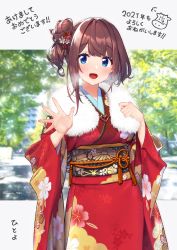 Rule 34 | 1girl, 2021, :d, absurdres, baffu, blue eyes, blush, breasts, commentary request, floral print, fur trim, hair bun, hair ornament, highres, hitoyo (baffu), japanese clothes, kimono, long sleeves, looking at viewer, new year, obi, open mouth, original, red hair, red kimono, sash, single hair bun, smile, solo, translation request, twitter username, wide sleeves