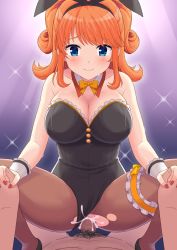 Rule 34 | 1boy, 1girl, animal ears, artist request, bare shoulders, black leotard, blue eyes, blush, bow, bowtie, breasts, card (medium), character name, cleavage, closed mouth, collarbone, detached collar, fake animal ears, girlfriend (kari), gold bow, hair ornament, hair ribbon, highres, indoors, large breasts, leotard, looking at viewer, medium hair, nail polish, night, orange hair, pantyhose, playboy bunny, pubic hair, purple background, rabbit ears, rabbit girl, rabbit tail, ribbon, sagara emi, sex, smile, solo, squatting, strapless, strapless leotard, tagme, tail, tan neckwear, torn clothes, torn pantyhose, two side up, vaginal, wrist cuffs
