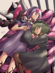 Rule 34 | 1boy, 1girl, arrow (symbol), bedman, bolt, brother and sister, closed eyes, dated, delilah (guilty gear), glasses, green hair, guilty gear, guilty gear strive, guilty gear xrd, highres, mariebell, on bed, pillow, purple hair, round eyewear, short hair, siblings, signature, sleeping, spikes