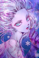 Rule 34 | 1girl, blue background, blue eyes, claws, colored eyelashes, colored skin, eyebrows, eyelashes, facing away, final fantasy, final fantasy vi, floating hair, forehead, fur, head tilt, lips, long hair, looking at viewer, monster girl, multicolored skin, open mouth, pink skin, purple skin, red lips, shaft look, snowflakes, solo, stechen, tina branford, trance terra branford, two-tone skin, upper body