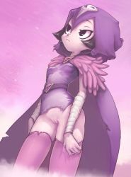 Rule 34 | 1girl, bandaged arm, bandages, belt, black eyes, black hair, bob cut, bottomless, breasts, breasts apart, cape, clitoris, cloak, closed mouth, colored skin, conoghi, cowboy shot, dc comics, female focus, gradient background, grey skin, hood, hood up, hooded cloak, hoodie, jewelry, leotard, looking afar, looking up, pink background, pink thighhighs, purple cloak, purple leotard, pussy, raven (dc), short hair, simple background, skinny, small breasts, solo, standing, superhero costume, teen titans, thighhighs, torn clothes, torn leotard, uncensored
