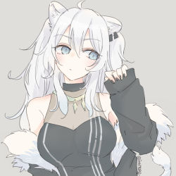 Rule 34 | 1girl, animal ears, bare shoulders, black jacket, black nails, black shirt, blue eyes, blush, cleavage, closed mouth, commentary, earclip, grey background, hololive, inutose, jacket, long hair, long sleeves, nail polish, off shoulder, see-through, see-through cleavage, shirt, shishiro botan, shishiro botan (1st costume), simple background, sleeveless, sleeveless shirt, sleeves past wrists, solo, tiger ears, upper body, virtual youtuber, white hair