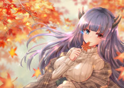 Rule 34 | 1girl, azur lane, blue eyes, blurry, blurry background, blurry foreground, blush, book, breasts, brown sweater, closed mouth, commentary request, covered erect nipples, depth of field, grey hair, habu rin, hand up, heterochromia, highres, holding, holding book, holding leaf, horns, ibuki (azur lane), large breasts, leaf, long hair, long sleeves, looking at viewer, red eyes, ribbed sweater, shawl, smile, solo, sweater, turtleneck, turtleneck sweater