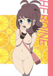 Rule 34 | 10s, 1girl, bag, blue eyes, blush, breasts, brown hair, cleft of venus, creatures (company), game freak, hair sniffing, highres, hilda (pokemon), looking at viewer, makoto daikichi, navel, nintendo, nipples, nude, pokemon, pokemon bw, ponytail, pussy, ringed eyes, small breasts, solo, sweatband, thigh gap, uncensored, wristband