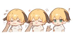 1girl blonde_hair blush_stickers breasts cheek_pinching chibi closed_eyes ebora fate/grand_order fate_(series) gareth_(fate) green_eyes hair_flaps highres medium_breasts multiple_views open_mouth pinching shirt short_hair short_sleeves smile white_shirt