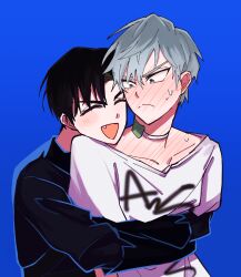Rule 34 | 2boys, alien stage, black hair, black sweater, blue background, blue eyes, blush, closed eyes, collarbone, dawn (artist), ear blush, fang, flustered, full-face blush, grey hair, happy, highres, hug, hug from behind, ivan (alien stage), male focus, multiple boys, neck blush, open mouth, over shoulder, shirt, sweatdrop, sweater, till (alien stage), upper body, white shirt, yaoi