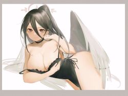 Rule 34 | 1girl, black choker, black dress, black hair, blue archive, border, breasts, choker, cleavage, closed mouth, dress, feathered wings, grey border, hair between eyes, halo, hasumi (blue archive), large breasts, long hair, looking at viewer, mole, mole under eye, off shoulder, ponytail, red eyes, sakura (1723231388), simple background, sleeveless, sleeveless dress, solo, very long hair, white background, wings