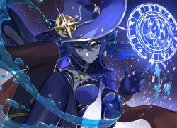 Rule 34 | 1girl, black gloves, blue eyes, blue hair, breasts, cape, choker, earrings, genshin impact, gloves, hat, hat ornament, jewelry, leotard, looking at viewer, magical girl, mona (genshin impact), okura shito, pantyhose, smile, solo, sparkle, star (symbol), star earrings, star hat ornament, twintails, water, witch hat