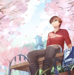 Rule 34 | 1boy, ao no kiseki, arm support, bench, blue sky, boots, brown eyes, brown hair, building, cherry blossoms, closed mouth, cloud, collarbone, day, dog tags, dutch angle, eiyuu densetsu, falling petals, feet out of frame, folded clothes, from behind, grey pants, hair between eyes, highres, jacket, jewelry, kaimurkgk, leaning back, light smile, lloyd bannings, on bench, outdoors, pants, park bench, pendant, petals, red shirt, shirt, short hair, sitting, sky, sleeves past elbows, sleeves pushed up, smile, solo, t-shirt, tower, twitter username, unworn jacket, watermark, zero no kiseki