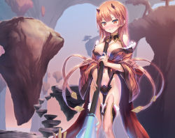 Rule 34 | 1girl, blush, breasts, brown eyes, brown hair, cleavage, club (weapon), day, detached sleeves, fantasy, floating rock, grin, highleg, holding, holding weapon, horns, large breasts, oni, oni horns, original, outdoors, parted lips, revealing clothes, smile, solo, standing, thighhighs, tougetsu gou, weapon, wide sleeves