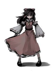 Rule 34 | 1girl, ascot, black eyes, black hair, bobby socks, bow, detached sleeves, female focus, full body, gatau, hair bow, hair tubes, hakurei reimu, legs apart, long hair, looking at viewer, mary janes, muted color, no mouth, shoes, simple background, skirt, skirt set, socks, solo, standing, touhou, white background, white socks, wide sleeves
