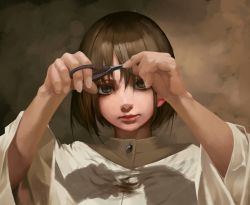 Rule 34 | 1girl, bad id, bad pixiv id, brown eyes, brown hair, closed mouth, cutting, cutting hair, hand up, highres, lips, original, realistic, scissors, short hair, solo, yaoku