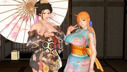 Rule 34 | 2girls, 3d, black hair, breasts, cleavage, highres, huge breasts, japanese clothes, kimono, large breasts, long hair, multiple girls, nami (one piece), nico robin, one piece, orange hair, smile, tattoo