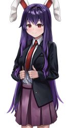 Rule 34 | 1girl, absurdres, animal ears, blush, cowboy shot, highres, jacket, long hair, necktie, pleated skirt, purple hair, rabbit ears, ramiki, red eyes, red necktie, reisen udongein inaba, shirt, simple background, skirt, solo, touhou, very long hair, white background