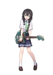 Rule 34 | 1girl, absurdres, black hair, blue skirt, bow, braid, breast pocket, brown footwear, cevio, collared shirt, crossed bangs, electric guitar, flat chest, full body, green eyes, green necktie, guitar, hair between eyes, hair bow, hanakuma chifuyu, heel up, highres, holding, holding instrument, holding plectrum, instrument, kaito (k4itoh), light brown hair, loafers, long hair, looking at viewer, necktie, open mouth, plectrum, pocket, second-party source, shirt, shoes, short sleeves, skirt, smile, socks, solo, standing, synthesizer v, transparent background, twin braids, white shirt, white socks