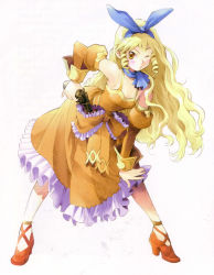Rule 34 | 1girl, ascot, blonde hair, blue ascot, blue ribbon, blue scarf, blush, bow, breasts, brown eyes, calamity jane, collar, detached sleeves, drawing gun, dress, drill hair, facing viewer, frilled dress, frilled skirt, frills, full body, gun, hair ornament, hair ribbon, handgun, high heels, highres, holding, holding gun, holding revolver, holding weapon, leaning forward, long hair, looking at viewer, medium breasts, official art, one eye closed, ooba wakako, orange dress, parted lips, pinky out, revolver, ribbon, scarf, shoes, simple background, skirt, sleeveless, sleeveless dress, solo, standing, waist bow, weapon, white background, wild arms, wild arms 1, wink