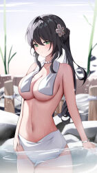 Rule 34 | 1girl, absurdres, bead necklace, beads, black hair, breasts, commentary request, cowboy shot, green eyes, highres, honkai: star rail, honkai (series), jewelry, large breasts, long hair, navel, necklace, ponytail, ruan mei (honkai: star rail), solo, standing, stomach, topless, towel, towel around neck, very long hair, wading, water, yeni1871