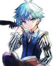 Rule 34 | 1boy, blue eyes, blue hair, book, fate/extra, fate (series), hans christian andersen (fate), highres, male focus, oomori (kswmr), open book, quill, simple background, solo, white background