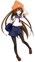 Rule 34 | 1girl, anchor, bag, bag charm, black pantyhose, blush, brown eyes, brown hair, charm (object), flat chest, full body, grin, guilty gear, guilty gear xrd, hat, loafers, long hair, may (guilty gear), orange hat, pantyhose, poncocchan, school uniform, serafuku, shoes, skirt, smile, solo, very long hair, white background