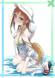 Rule 34 | 1girl, :3, absurdres, bikini, breasts, brown eyes, brown hair, cleavage, closed mouth, collarbone, dress, hat, highres, jewelry, kneeling, long hair, looking at viewer, makicha (sasurainopink), medium breasts, necklace, original, see-through, short dress, solo, swimsuit, swimsuit cover-up, very long hair, white dress, white hat, yellow bikini