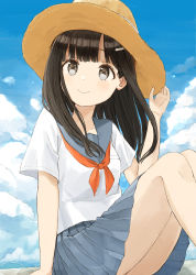 Rule 34 | 1girl, arm support, black hair, blue sailor collar, blue skirt, blue sky, blush, brown hat, closed mouth, cloud, cloudy sky, commentary request, day, feet out of frame, grey hair, hair ornament, hairclip, hand on headwear, hand up, hat, knees up, long hair, nasuna, neckerchief, original, outdoors, pleated skirt, red neckerchief, sailor collar, school uniform, serafuku, shirt, short sleeves, sitting, skirt, sky, smile, solo, sun hat, white shirt
