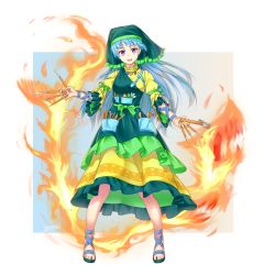 Rule 34 | 1girl, apron, arm ribbon, art supplies, between fingers, blue hair, breasts, dress, dual wielding, fire, flower, frilled apron, frilled dress, frilled hat, frilled sleeves, frills, full body, green apron, green hat, green ribbon, hammer, haniyasushin keiki, hat, head scarf, headdress, highres, holding, holding hammer, holding knife, jewelry, knife, long hair, looking at viewer, magatama, magatama necklace, necklace, open mouth, pliers, pocket, puffy sleeves, purple eyes, ribbon, sandals, simple background, smile, solo, standing, tools, touhou, wily beast and weakest creature, yellow dress, yuriniel