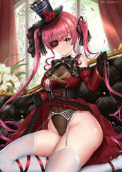 Rule 34 | 1girl, bare shoulders, black bow, black bowtie, black gloves, black ribbon, blush, bow, bowtie, breasts, brooch, cleavage, clothes lift, commentary request, covered navel, curtains, cyicheng, dress, eyepatch, feet out of frame, flower, frilled sleeves, frills, garter belt, gloves, hair ribbon, hand up, hat, hat flower, holding, holding own hair, hololive, houshou marine, indoors, jewelry, juliet sleeves, large breasts, leg ribbon, long hair, long sleeves, looking at viewer, petals, pink hair, puffy sleeves, red dress, red flower, red ribbon, red rose, ribbon, rose, see-through, see-through cleavage, skirt, skirt lift, smile, solo, thighhighs, thighs, top hat, twintails, very long hair, virtual youtuber, white flower, white thighhighs