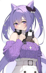 Rule 34 | 1girl, absurdres, bare shoulders, belt, belt buckle, black bow, blush, bow, braid, buckle, cone hair bun, detached sleeves, flower, fringe trim, genshin impact, hair bow, hair bun, hair flower, hair ornament, high-waist skirt, highres, keqing (genshin impact), keqing (lantern rite) (genshin impact), long hair, long sleeves, looking at viewer, official alternate costume, olive (laai), plaid, plaid scarf, purple eyes, scarf, scarf over mouth, sidelocks, simple background, skirt, solo, twintails, upper body, very long hair, white background, white flower, white skirt