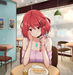 Rule 34 | 1girl, absurdres, backon, bare shoulders, black choker, blurry, blurry background, blush, breasts, cake, chair, choker, cleavage, collarbone, commentary request, food, fork, hair ornament, hairclip, highres, holding, holding fork, indoors, large breasts, looking at viewer, nail polish, off-shoulder shirt, off shoulder, pink shirt, pyra (xenoblade), red eyes, red hair, shirt, short hair, short sleeves, smile, solo, table, upper body, xenoblade chronicles (series), xenoblade chronicles 2