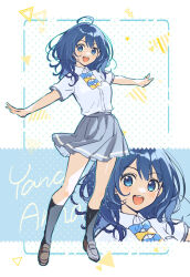 1girl :d ahoge black_socks blue_bow blue_eyes blue_hair bow breasts brown_footwear character_name collared_shirt commentary_request dot_nose full_body grey_skirt highres long_hair looking_at_viewer make_heroine_ga_oo_sugiru! medium_breasts miniskirt multiple_views open_mouth outstretched_arms pleated_skirt polka_dot polka_dot_background sakuro shirt shirt_bow shirt_tucked_in shoes short_sleeves skirt smile socks spread_arms standing straight_hair teeth upper_teeth_only white_background white_shirt yanami_anna yellow_bow