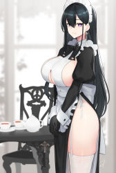 Rule 34 | 1girl, apron, black dress, black hair, blush, bow, bowtie, breasts, clothing cutout, dress, ear piercing, earrings, garter straps, hayabusa, highres, jewelry, juliet sleeves, kettle, large breasts, long hair, long sleeves, looking at viewer, maid, maid apron, maid headdress, mole, mole on breast, mole under eye, original, panties, pelvic curtain, piercing, puffy sleeves, purple eyes, side-tie panties, sideboob, single earring, skindentation, smile, solo, table, thighhighs, thighs, underboob, underboob cutout, underwear, waist apron, white apron, white thighhighs, wrist cuffs