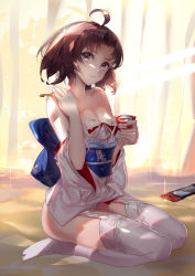 Rule 34 | 1girl, ahoge, bare shoulders, black eyes, black hair, breasts, closed mouth, food, full body, garter straps, haagen-dazs, highres, ice cream, japanese clothes, kara no kyoukai, kimono, looking at viewer, nintendo switch, obi, off shoulder, rabbit (tukenitian), ryougi shiki, sash, seiza, short hair, sitting, small breasts, smile, solo, thighhighs, white thighhighs, wide sleeves