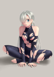 Rule 34 | 10s, 1girl, arm support, barefoot, black gloves, black thighhighs, bodysuit, breasts, covered collarbone, earrings, elizabeth liones, embarrassed, feet, fingerless gloves, full body, gloves, grey background, hair over one eye, halterneck, jewelry, kai (link2262), large breasts, leotard, long hair, nanatsu no taizai, navel, nipples, shadow, silver hair, simple background, sitting, solo, spread legs, tail, thighhighs, thighs, toeless legwear, toes, torn clothes, torn leotard, very long hair