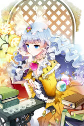 Rule 34 | 1girl, aged down, blue eyes, blue hair, blunt bangs, book, cherrypin, clarice, clarice altheim, coat, dress, female focus, frills, gem, hair ornament, jewelry, lowres, matching hair/eyes, plant, sitting, skirt, solo, sword girls, thighhighs, white background