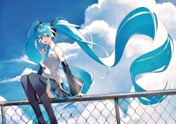 Rule 34 | 1girl, absurdly long hair, aqua eyes, aqua hair, aqua nails, aqua necktie, bare shoulders, black skirt, black sleeves, black thighhighs, chain-link fence, cloud, cloudy sky, commentary, day, detached sleeves, feet out of frame, fence, floating hair, grey shirt, hair ornament, hatsune miku, headphones, headset, heridy, highres, long hair, looking at viewer, miniskirt, nail polish, necktie, open mouth, outdoors, pleated skirt, shirt, shoulder tattoo, sitting on fence, skirt, sky, sleeveless, sleeveless shirt, smile, solo, tattoo, thighhighs, twintails, very long hair, vocaloid, zettai ryouiki